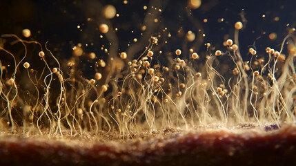 Closeup of Mold Spores Under Microscope, Fungal Growth Structure in Detail, Microscopic Mold with Spores Dispersing
