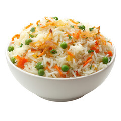 Delicious vegetable rice pilaf with peas and carrots isolated on transparent background