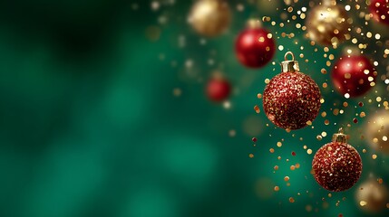 blurred green background with floating gold confetti and red baubles, festive sparkle, copy space