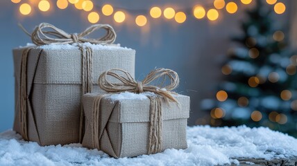 Rustic Christmas gifts wrapped with twine and snow, ready for holiday giving and creating warm winter moments with loved ones, a cozy holiday atmosphere