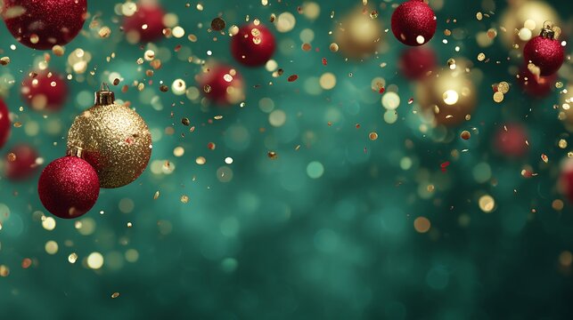 blurred green background with floating gold confetti and red baubles, festive sparkle, copy space - Powered by Adobe
