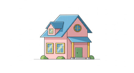 Fototapeta premium Cute Cartoon House Illustration with Pink Walls and Blue Roof