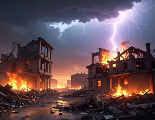 A post-apocalyptic cityscape engulfed in flames, illuminated by intense lightning amidst a stormy sky. Debris litters the road