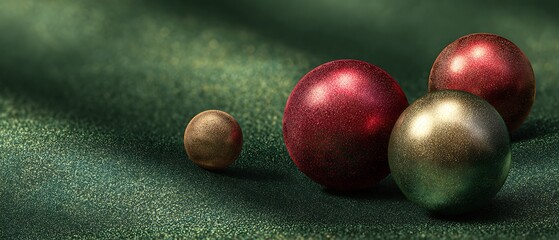 metallic red and gold balls, green velvet texture, glowing sparkle, elegant modern background