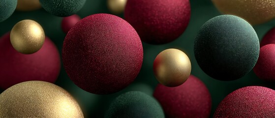 metallic red and gold balls, green velvet texture, glowing sparkle, elegant modern background