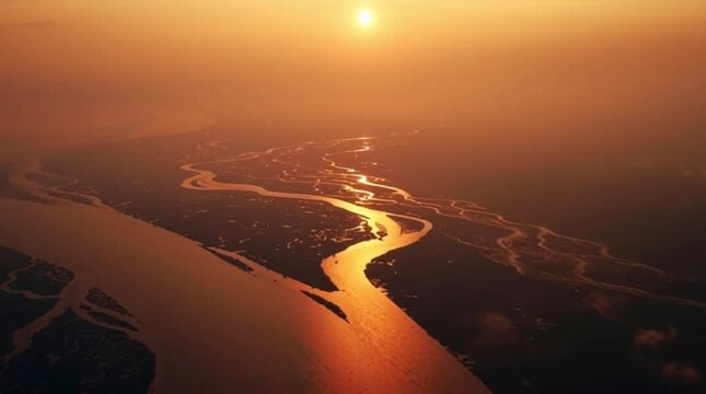 Scenic Sunset Over India Bangladesh River Delta Aerial View