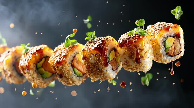 Delicious sushi rolls with sesame seeds and sauce levitating on a dark background.