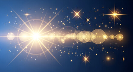 Golden Light Burst with Bokeh Effects and Sparkling Stars on a Blue Gradient Background