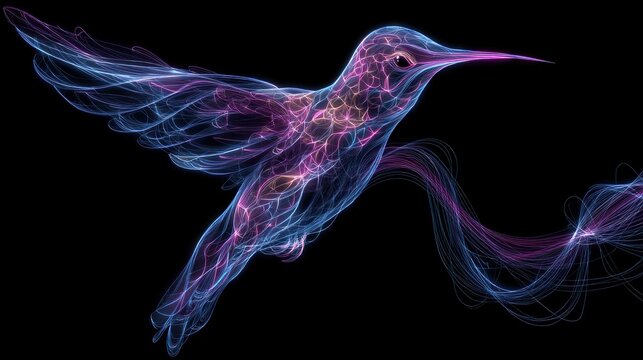 A vibrant, abstract hummingbird with a pink and blue hue, flying against a black background with a subtle gradient effect, creating a mesmerizing and ethereal visual experience.