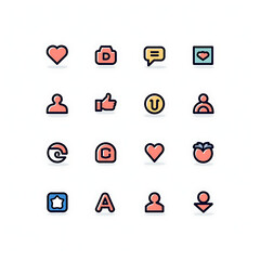 Colorful set of 16 outlined icons with filled accents for various user actions