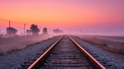 Fototapeta premium A long, straight railway track stretches into the distance, surrounded by a misty, hazy landscape under a pink and orange sky. 