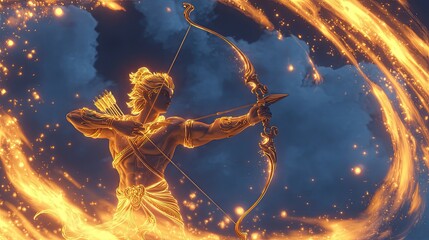 Mythical archer surrounded by glowing fiery aura in dramatic sky