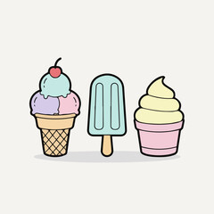 Ice cream trio (cone, popsicle, soft serve) arranged aesthetically, pastel solid colors, cute flat vector design.