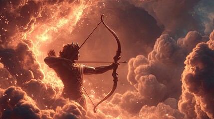 Mythical archer silhouette against fiery cloudscape in dramatic sky