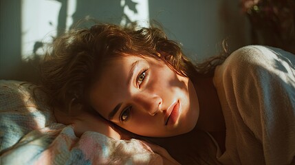 Young woman lying in bed with sunlight casting shadows