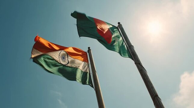 India bangladesh flags waving against sunny sky