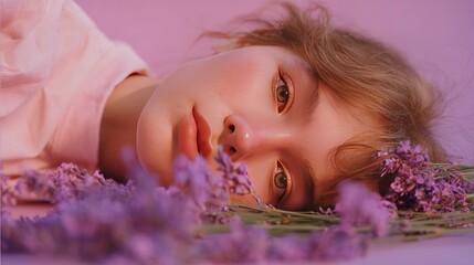 Dreamy portrait of a young woman lying among purple flowers