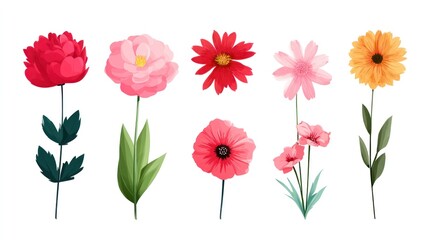 Obraz premium A set of colorful flowers, including red, pink, and yellow, arranged in a vertical line with green stems and leaves. 