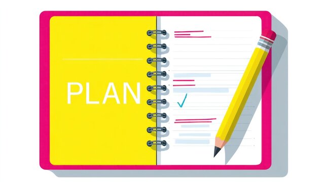 A yellow notebook with the word 'PLAN' written on it, open to a blank page with a pencil on top, set against a white background.