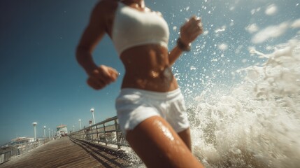 Fit woman jogging on seaside boardwalk with ocean waves splashing