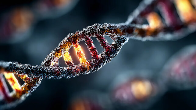 Abstract Glowing DNA Strand Structure, Futuristic Genetic Helix Visualization, Biotech DNA Model with Light Effects