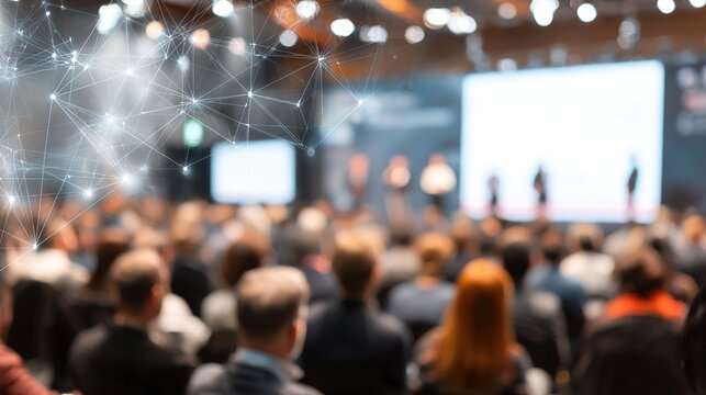 Blurred background of the business conference a group of people on the stage presentation of the project public talk High quality banner with copy space : Generative AI. High quality