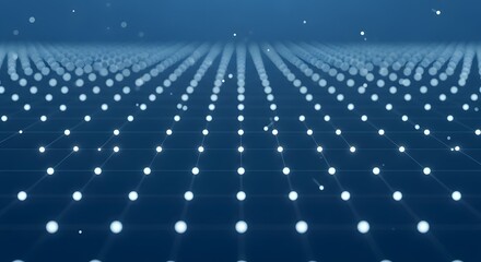 Abstract digital grid of glowing blue lights receding into a dark futuristic technological background