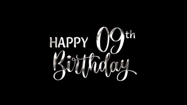 9th happy birthday text animation in silver metallic effect. suitable for birthday celebrations, social media posts, and greeting cards. Includes alpha channel for any background.