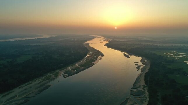 India Bangladesh River Sunrise Aerial View