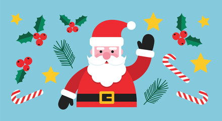 Festive Santa Claus Illustration with Holiday Decorations and Cheerful Expression.