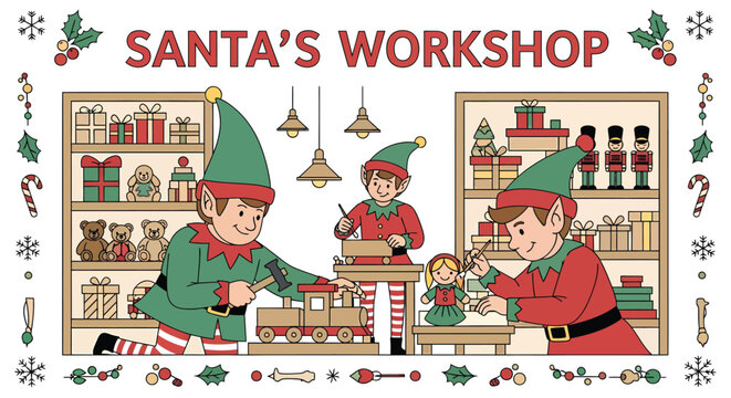 Santas Workshop Scene with Elves Making Toys.