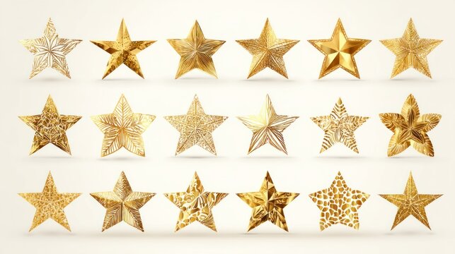 A set of 18 gold stars with intricate designs, arranged in a horizontal line against a light background. - Powered by Adobe