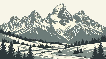 Fototapeta premium Illustration of a winter landscape with snow covered mountains and a winding river through trees