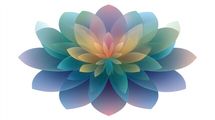 Fototapeta premium A colorful, abstract lotus flower with a gradient of blue, green, yellow, and pink hues, set against a white background with a subtle gradient.