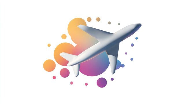 A 3D airplane icon with a gradient background and colorful circles