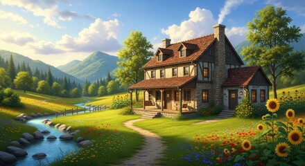 Fototapeta premium Countryside House Surrounded by Flowers and Hills