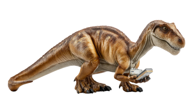 Dino Toy with Console: A detailed toy dinosaur with captivating texture holds a game console, it brings imagination to play time. 