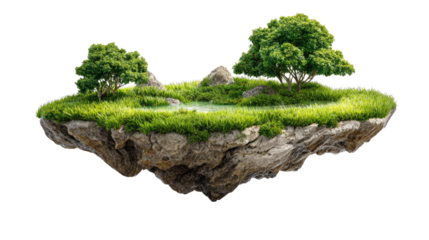 Floating Island Serenity: A whimsical floating island, adorned with lush green grass, vibrant trees, and serene water, offers a tranquil escape, showcasing the beauty of nature.