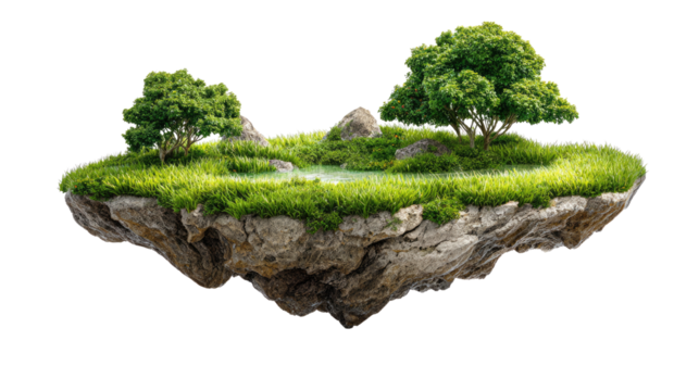 Floating Island Serenity: A whimsical floating island, adorned with lush green grass, vibrant trees, and serene water, offers a tranquil escape, showcasing the beauty of nature.