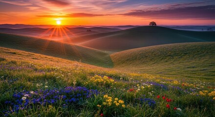 Sunset Over Rolling Hills and Flower Field