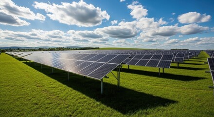 Solar Panel Field Under Bright Sky