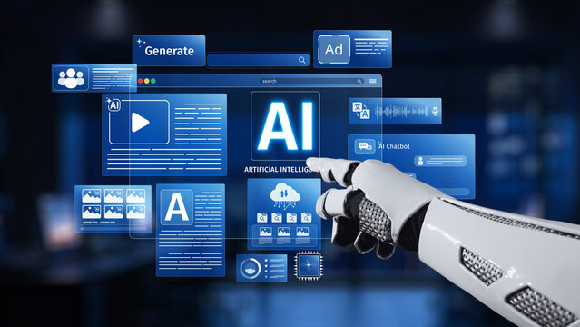 A robotic hand points at a vibrant digital interface showcasing various artificial intelligence elements and data visualizations in a modern tech setting. Synapse - Powered by Adobe