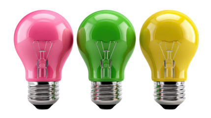 Colorful Light Bulbs: Three vibrant light bulbs, each radiating a distinct color, stand side by side, illuminating concepts of innovation and energy, Ideas in Technicolor.