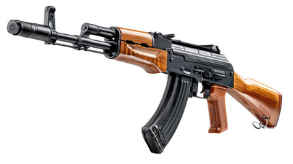 AK-47 assault rifle: A close-up view of the AK-47 assault rifle showcases its iconic design and powerful presence, a symbol of military force and historical significance.