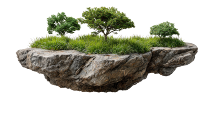 Floating Island Oasis: An isolated natural formation, a floating island, boasts lush greenery and vibrant trees, symbolizing a hidden paradise and serene escape.