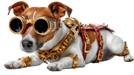 Steampunk Dog: A curious canine, adorned in intricate steampunk gear, gazes ahead with wide-eyed wonder, hinting at the limitless potential of innovation and imagination.