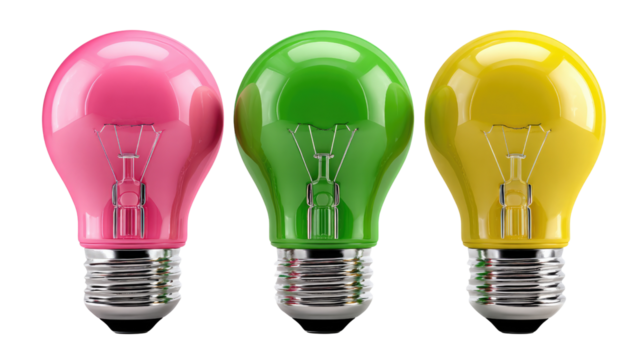 Colorful Light Bulbs: Three vibrant light bulbs, each radiating a distinct color, stand side by side, illuminating concepts of innovation and energy, Ideas in Technicolor.