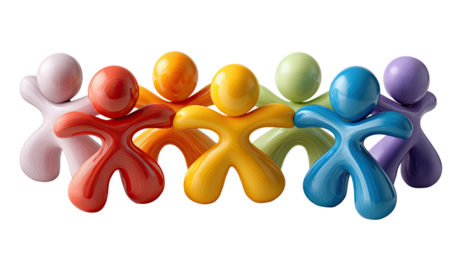 United Stand: A vibrant assembly of stylized figures stands shoulder to shoulder, each embodying unity, community, and the beauty of diversity through their interconnectedness and colorful presence.