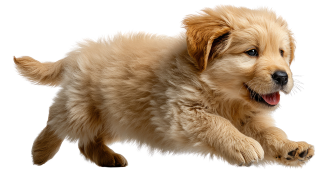 Playful puppy's run: a Golden Retriever puppy leaps with joy, displaying pure happiness, and embodies energy and the spirit of a loyal friend.