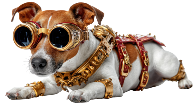 Steampunk Dog: A curious canine, adorned in intricate steampunk gear, gazes ahead with wide-eyed wonder, hinting at the limitless potential of innovation and imagination.